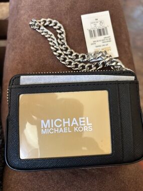 MICHAEL Michael Kors Black Card Case with Silver Chain